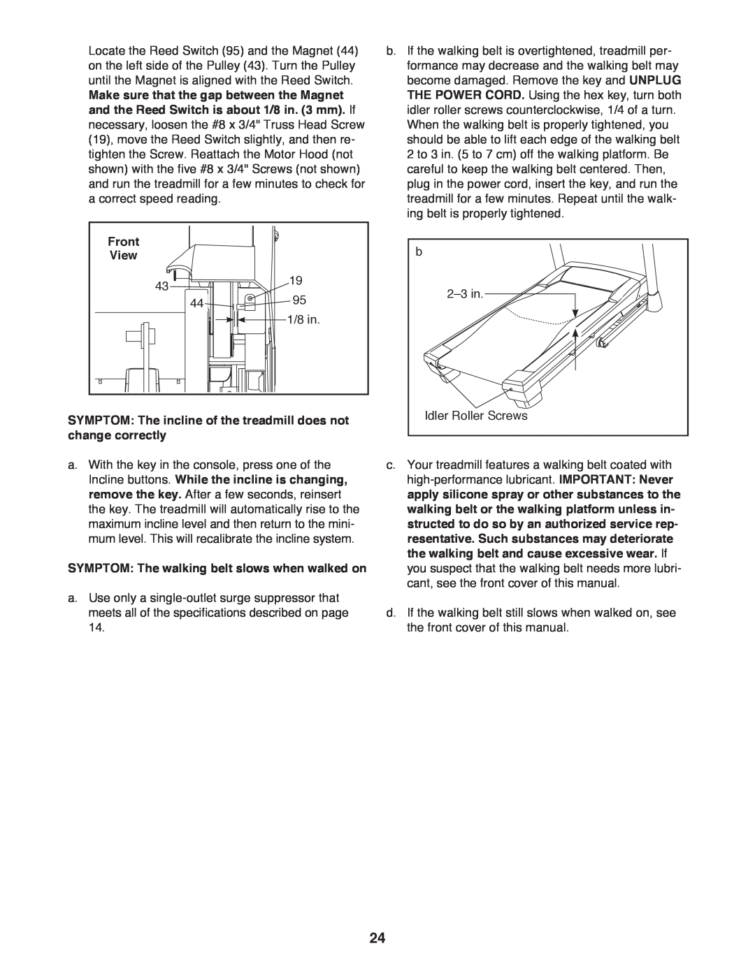 Sears NTL61011.1 user manual Front View, SYMPTOM The incline of the treadmill does not change correctly 