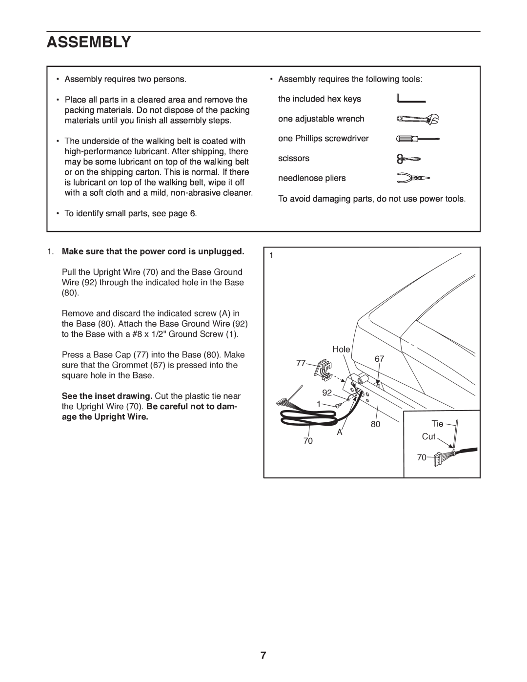 Sears NTL61011.1 user manual Assembly, Make sure that the power cord is unplugged, age the Upright Wire 