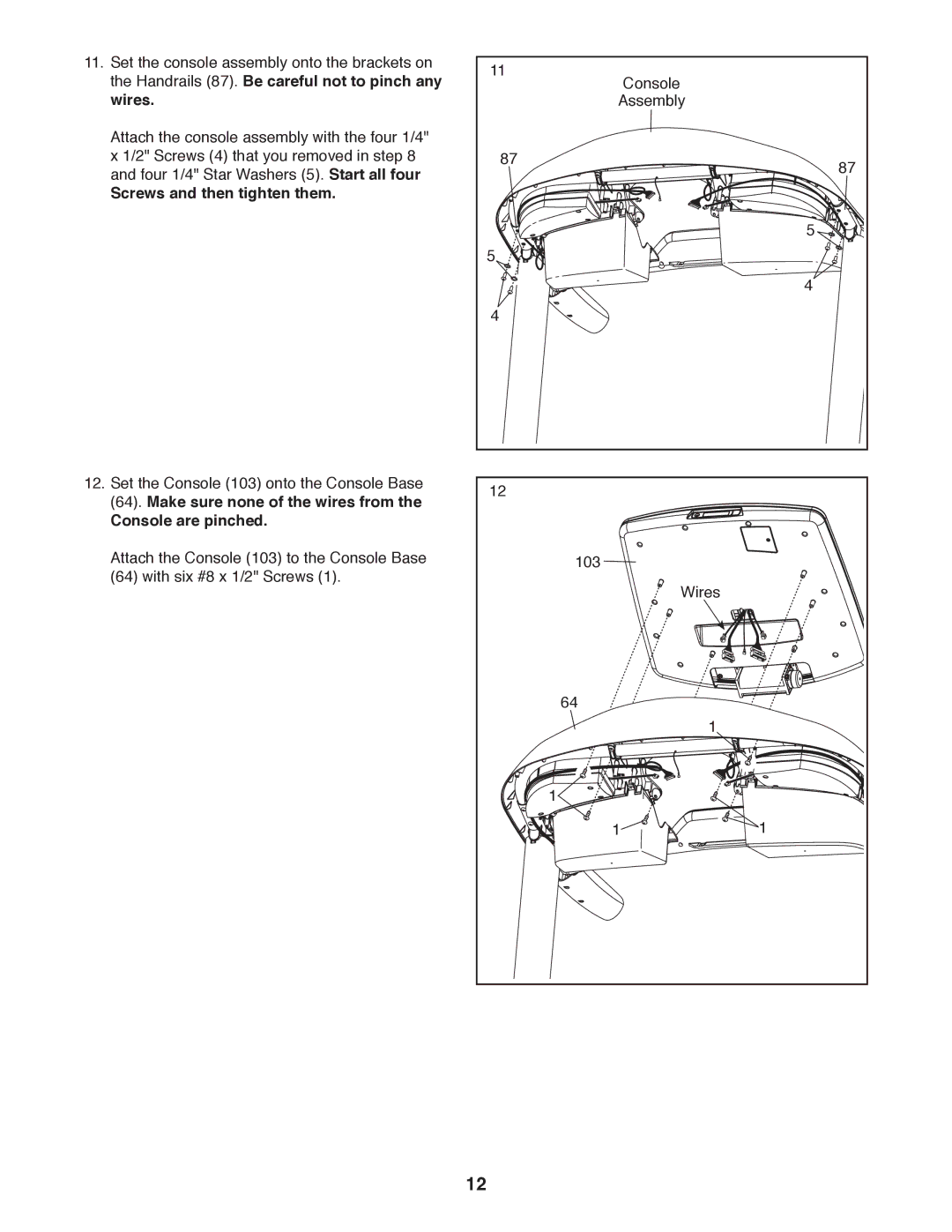 Sears NTL99011.2 user manual Handrails 87. Be careful not to pinch any, Wires, Screws and then tighten them 