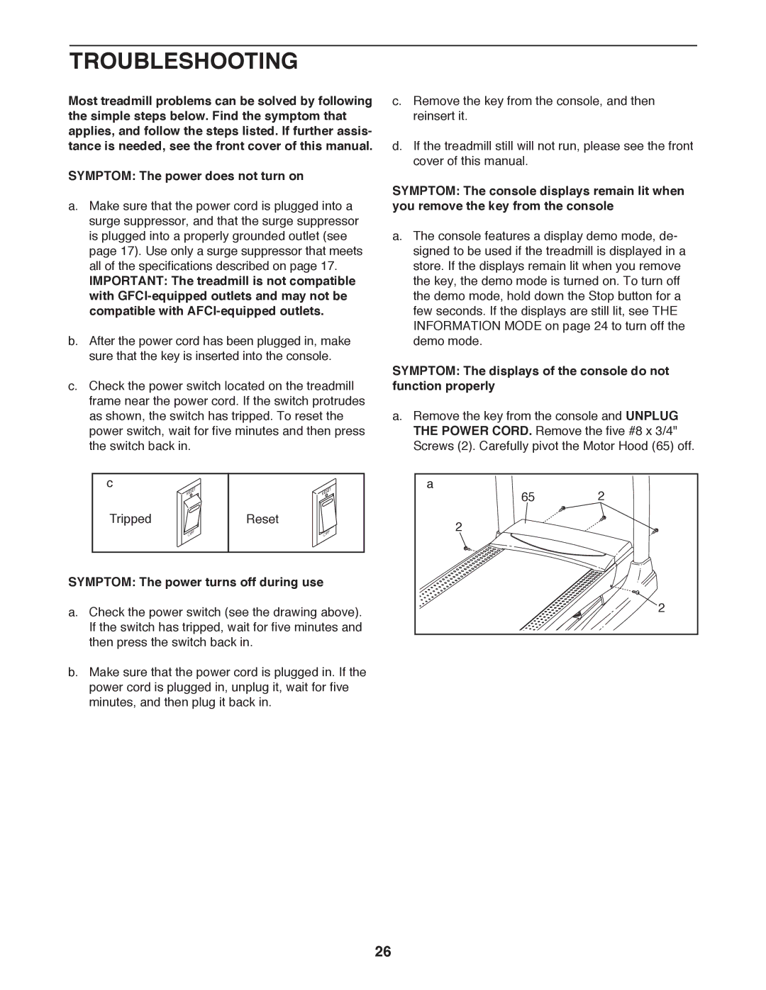 Sears NTL99011.2 user manual Troubleshooting, Symptom The power does not turn on, Symptom The power turns off during use 