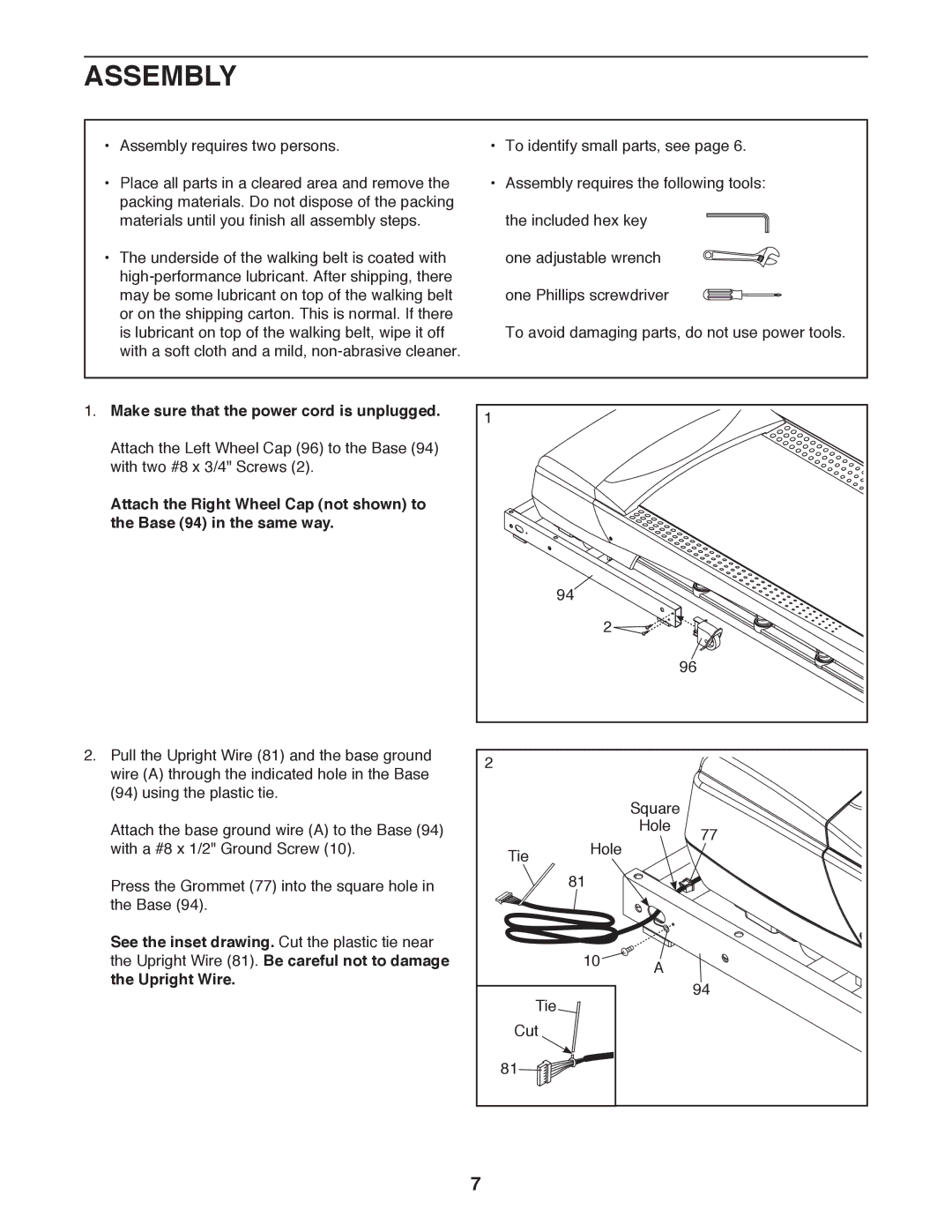 Sears NTL99011.2 Assembly, Make sure that the power cord is unplugged, Upright Wire 81. Be careful not to damage 