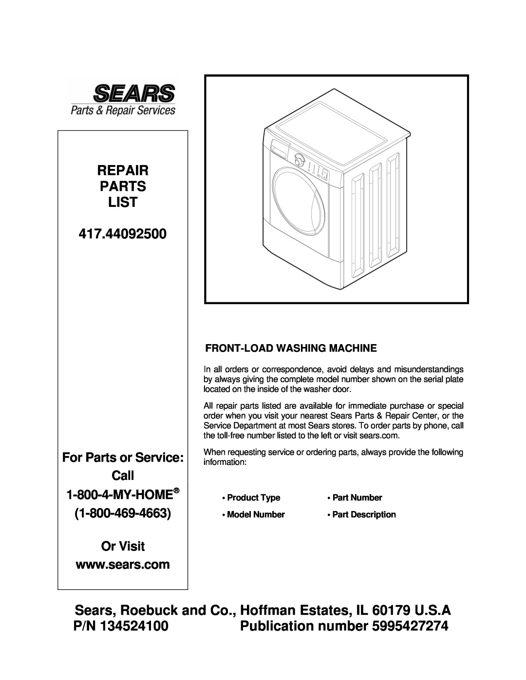Sears P12T0084 manual REPAIR PARTS LIST 417.44092500, Sears, Roebuck and Co., Hoffman Estates, IL 60179 U.S.A, Or Visit 
