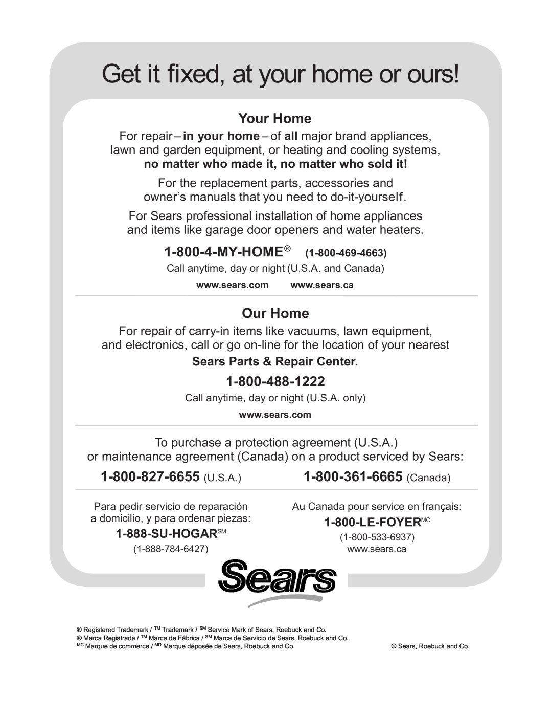 Sears P12L0052, P12V0067 Get it fixed, at your home or ours, Your Home, Our Home, Sears Parts & Repair Center, Su-Hogarsm 