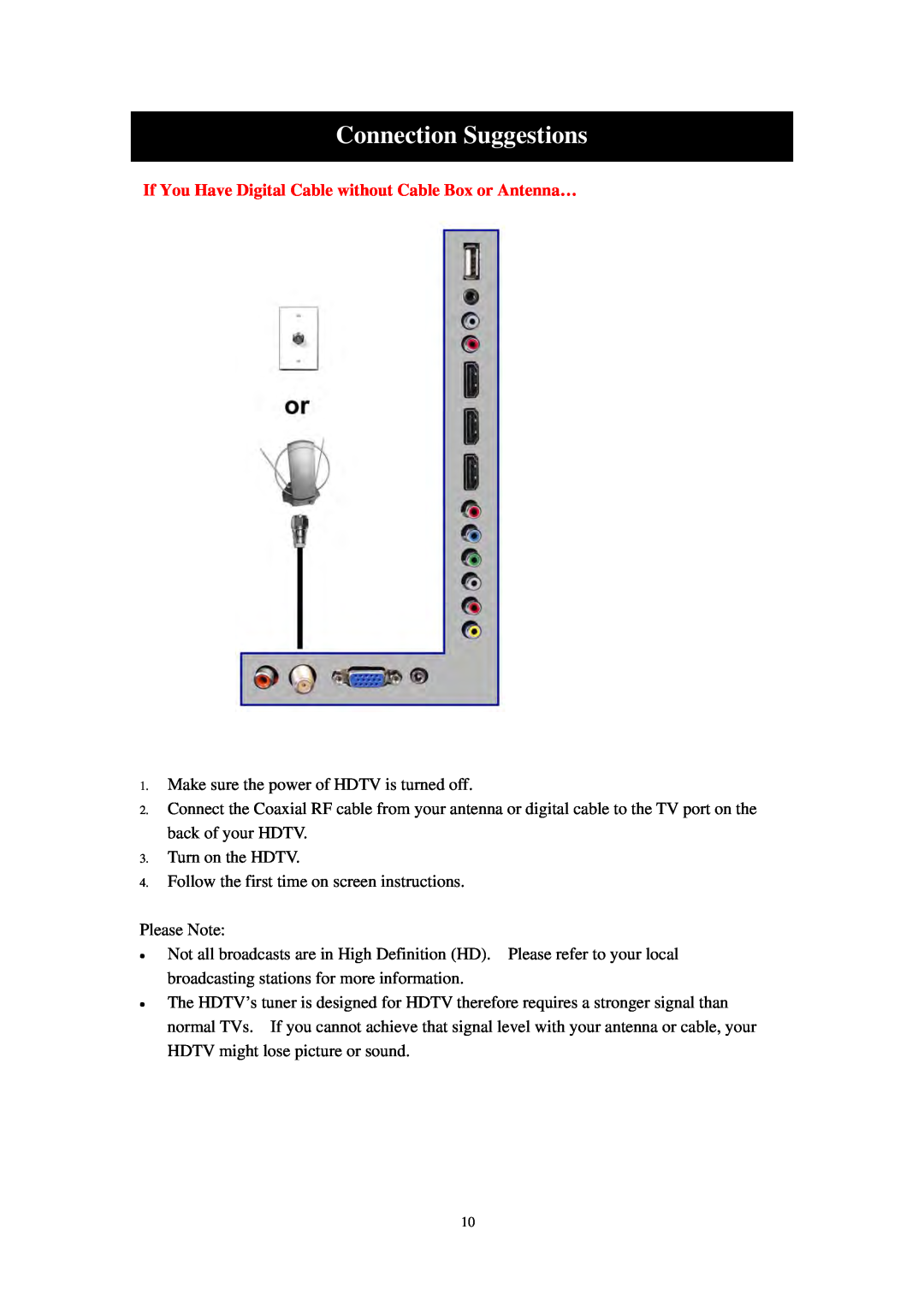 Sears PLDED3273A-B user manual Connection Suggestions, If You Have Digital Cable without Cable Box or Antenna… 