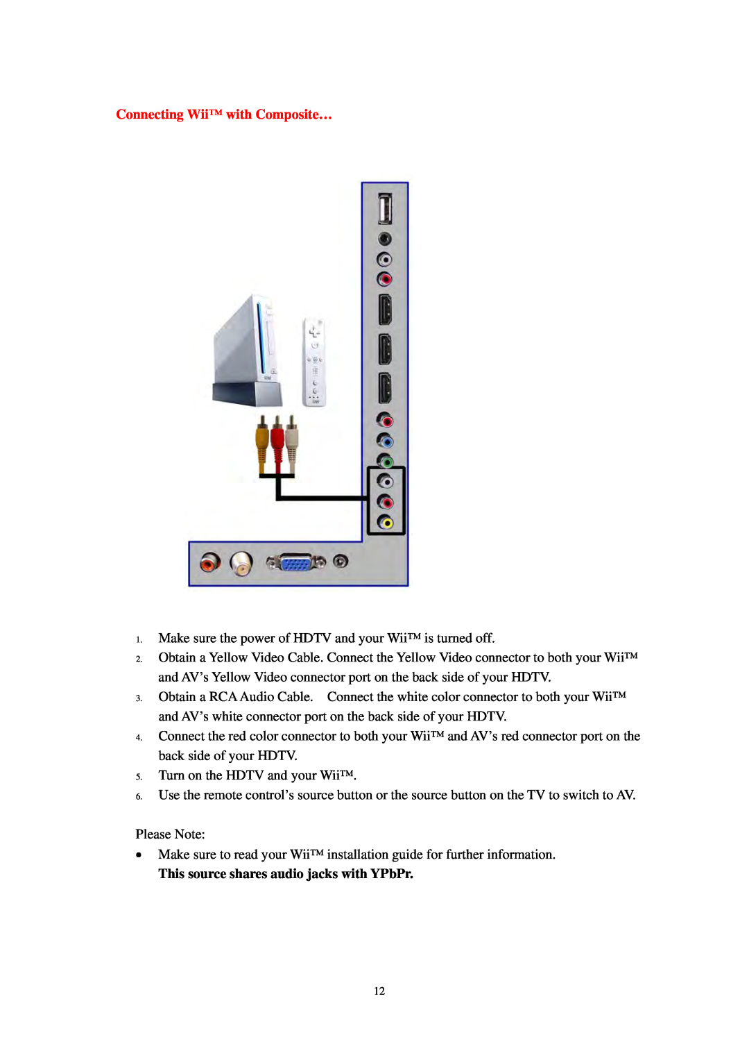 Sears PLDED3273A-B user manual Connecting Wii with Composite…, This source shares audio jacks with YPbPr 