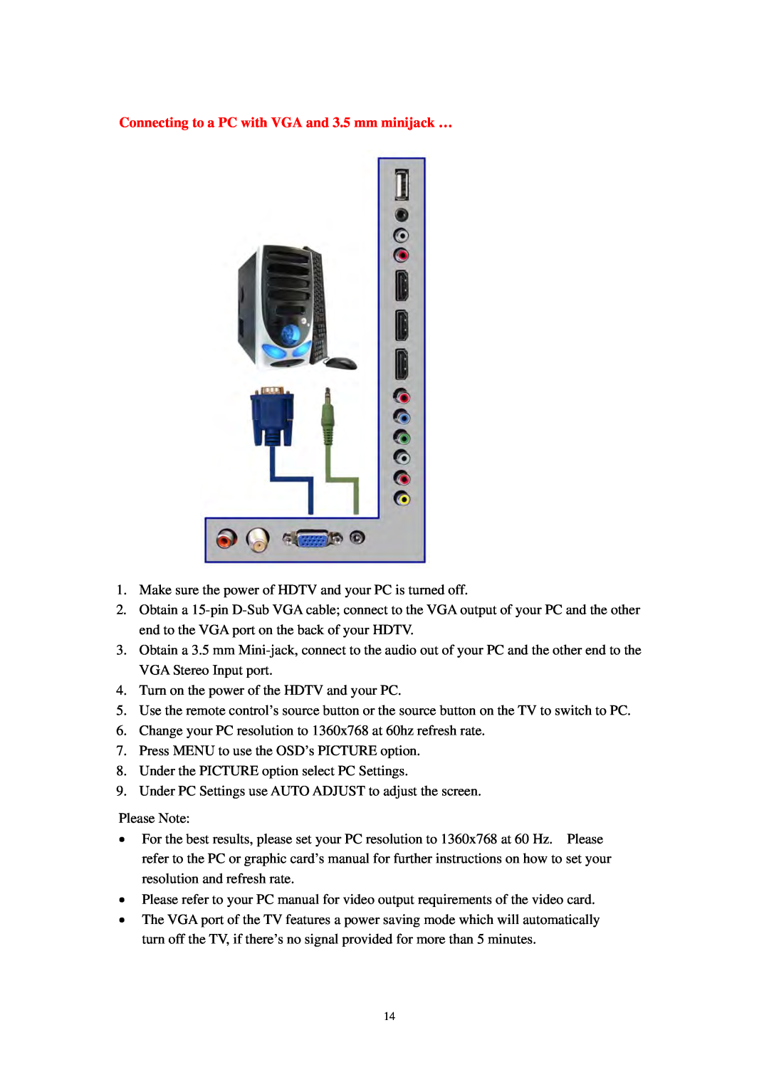 Sears PLDED3273A-B user manual Connecting to a PC with VGA and 3.5 mm minijack … 