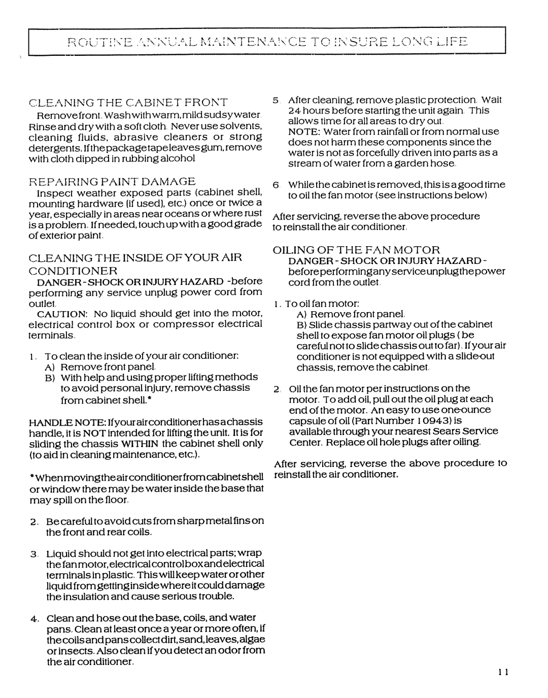 Sears P/N93SR-D02 Cleaning the Cabinet Front, Cleaning the Inside of Your AIR Conditioner, Repairing Paint Damage 