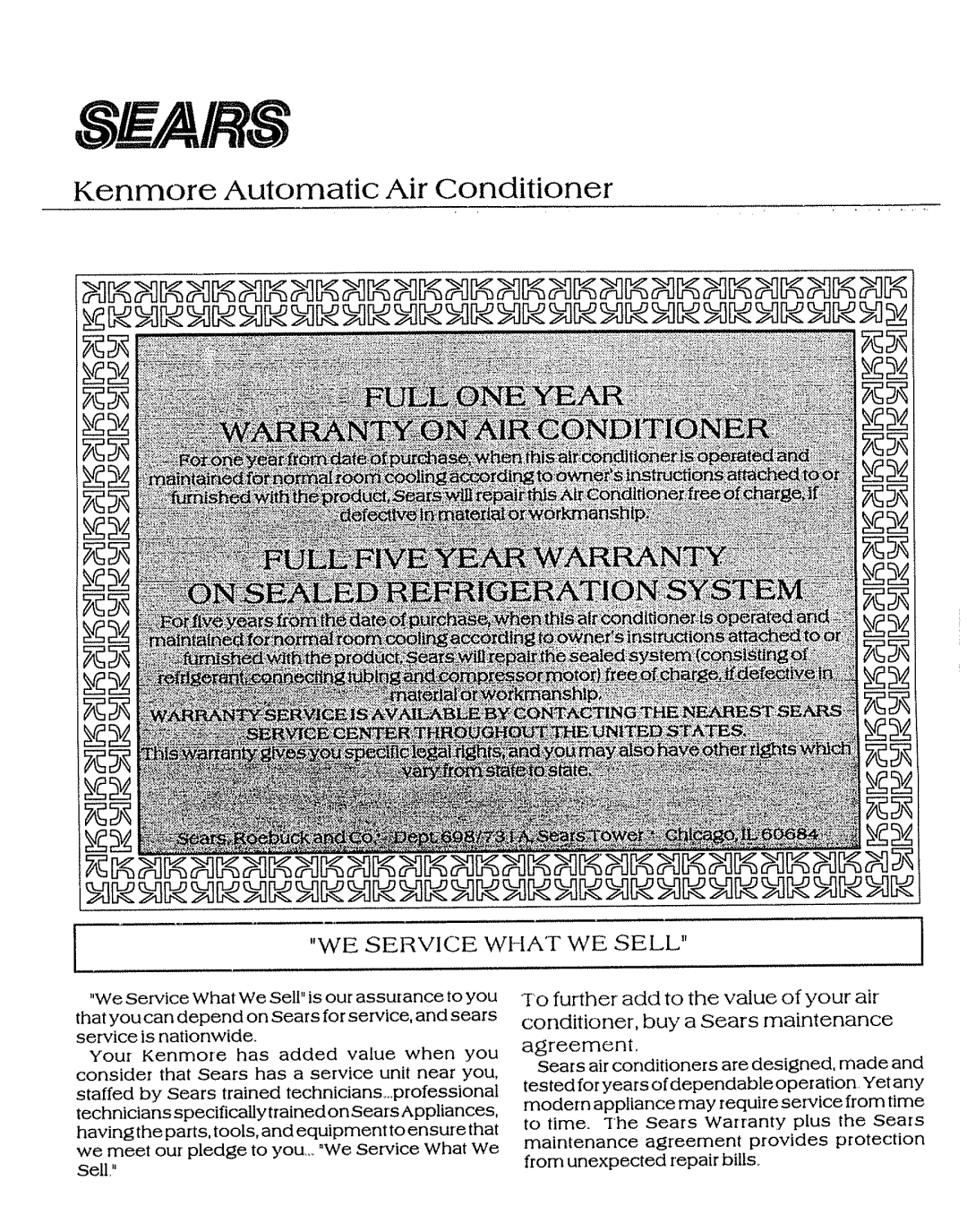 Sears P/N93SR-D02 owner manual Kenmore Automatic Air Conditioner, WE Service What WE Sell 