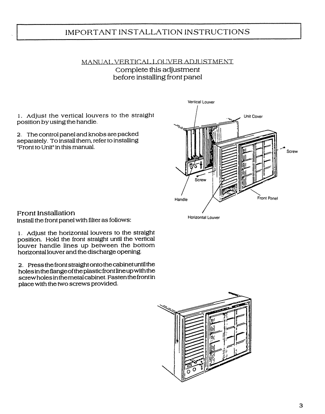 Sears P/N93SR-D02 owner manual Complete this adjustment before installing front panel, Installation Instructions 