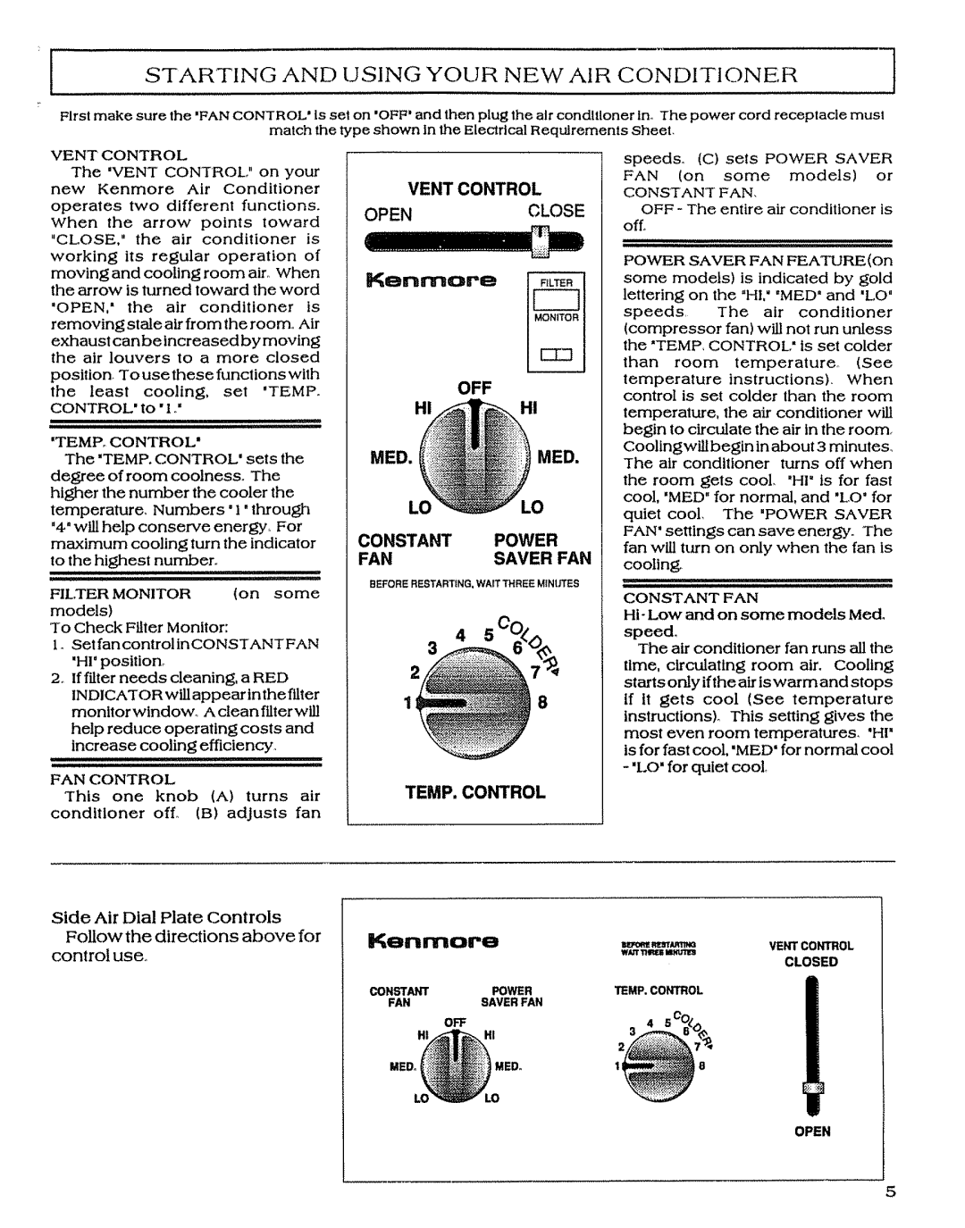 Sears P/N93SR-D02 owner manual Starting Using Your NEW AIR Conditioner, Vent Control 