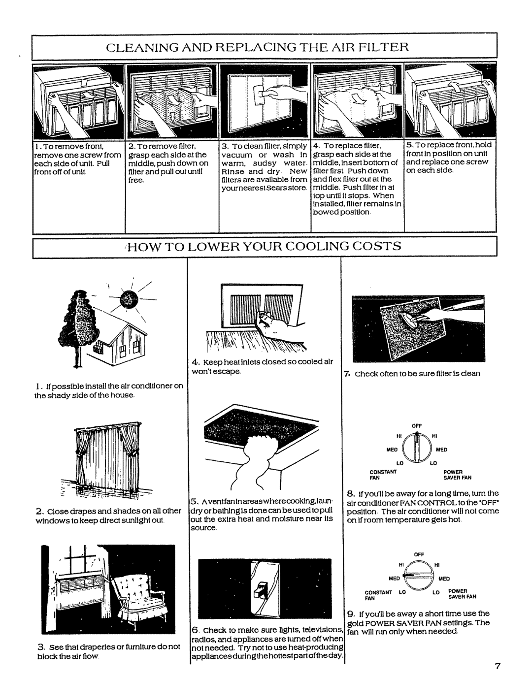 Sears P/N93SR-D02 owner manual Cleaning and Replacing the AIR Filter, HOW to Lower Your Cooling Costs 