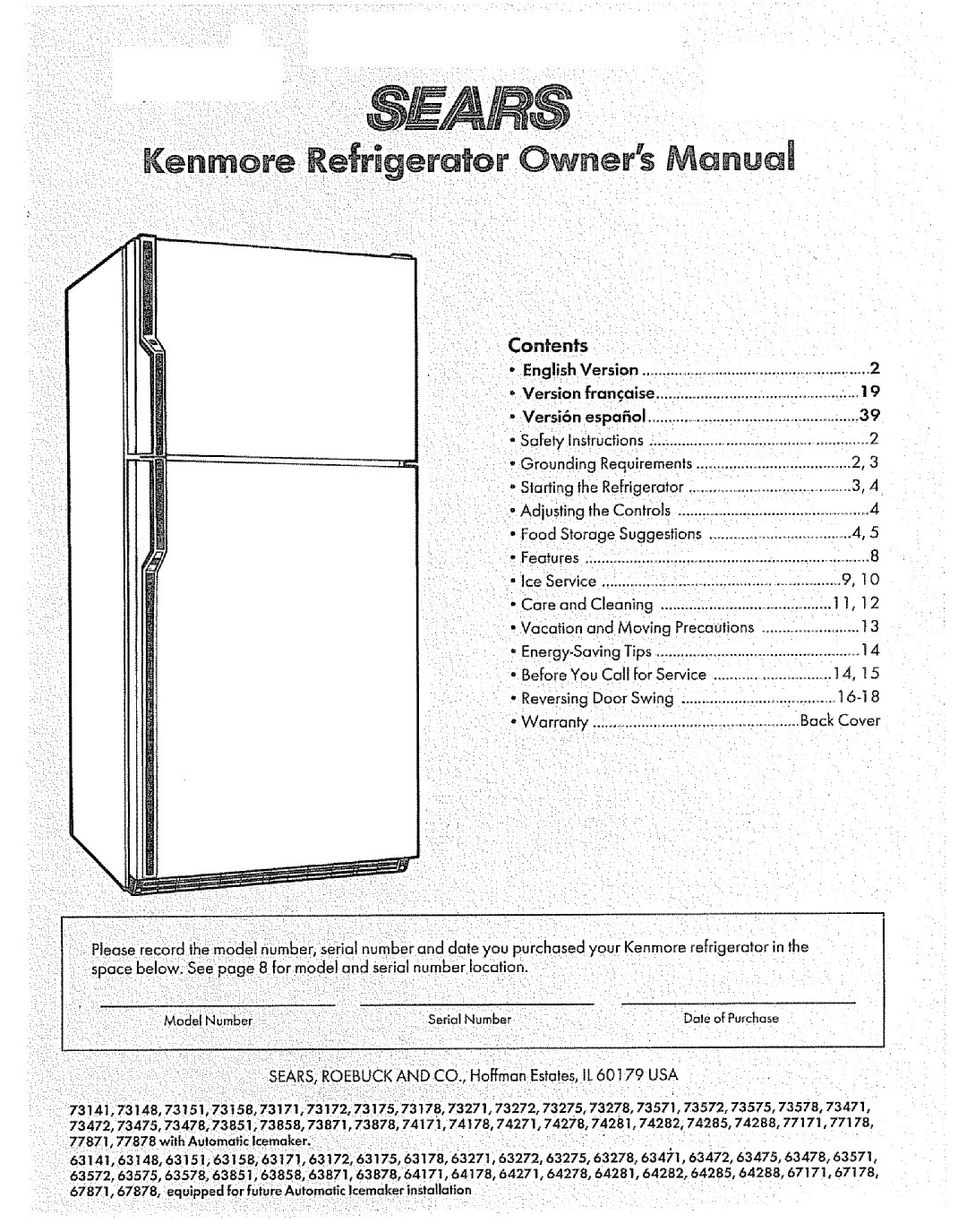 Sears manual Kenmore Refrigerator O ner 