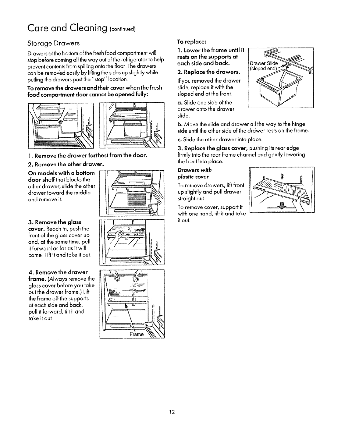 Sears Refrigerator manual Care and Cleaning, Storage Drawers, Drawers with Plastic cover 