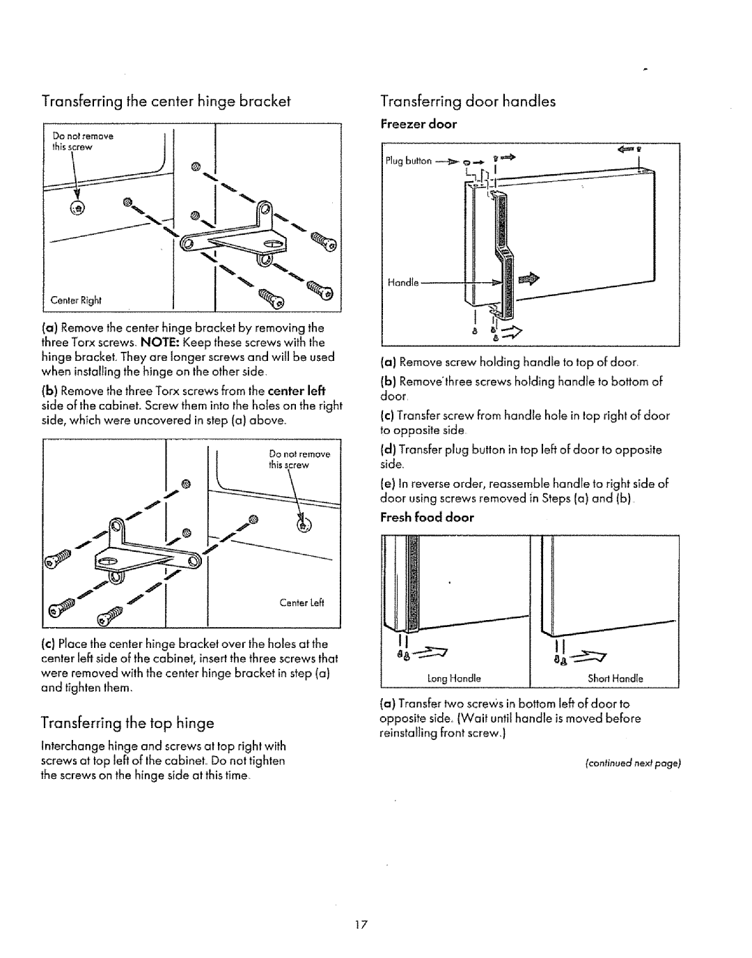 Sears Refrigerator manual Transferring the center hinge bracket, Transferring the top hinge, Transferring door handles 