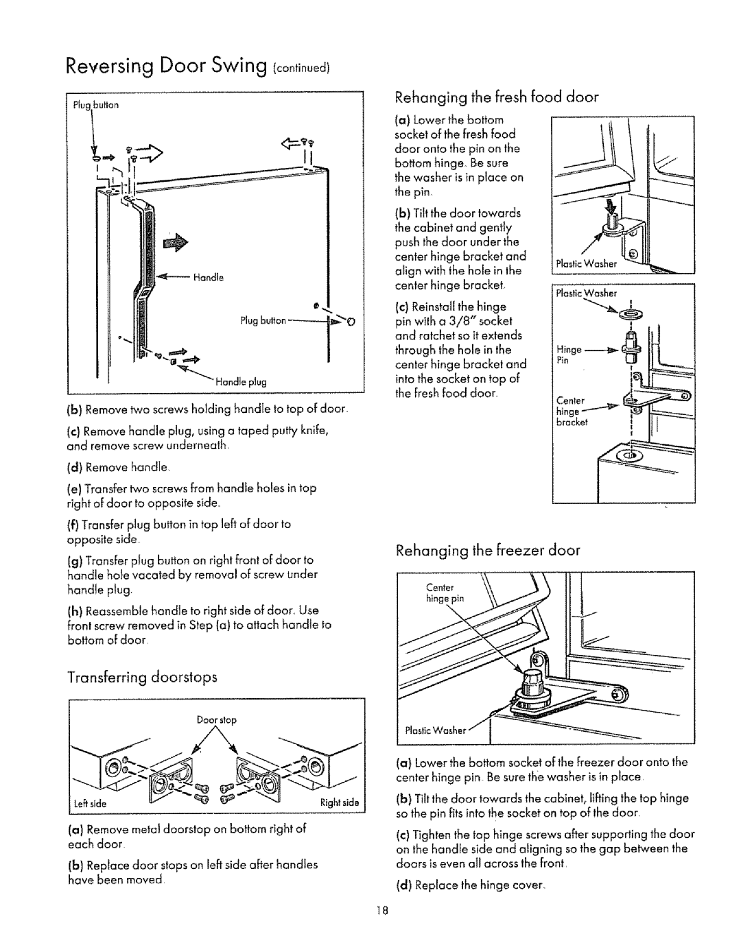 Sears Refrigerator manual Rehanging the fresh food door, Rehanging the freezer door Transferring doorstops 