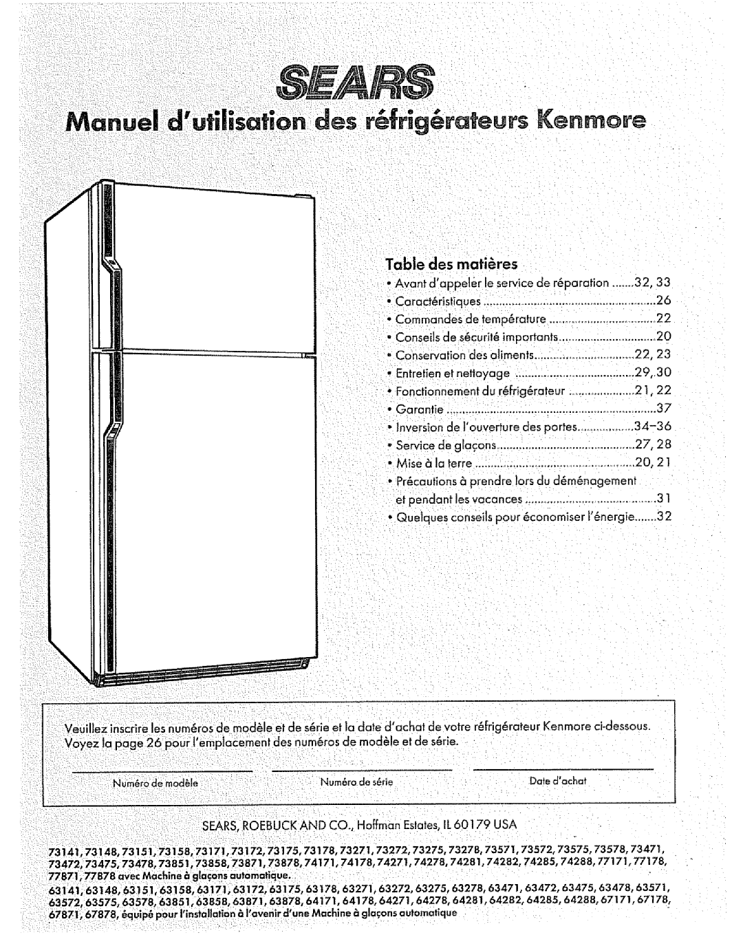 Sears Refrigerator manual SEARS,ROEBUCK and CO., Hoffman Estates,IL, 77871,77878 