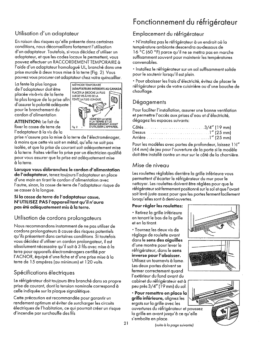 Sears Refrigerator manual Fonctionnement du r frig rateur 