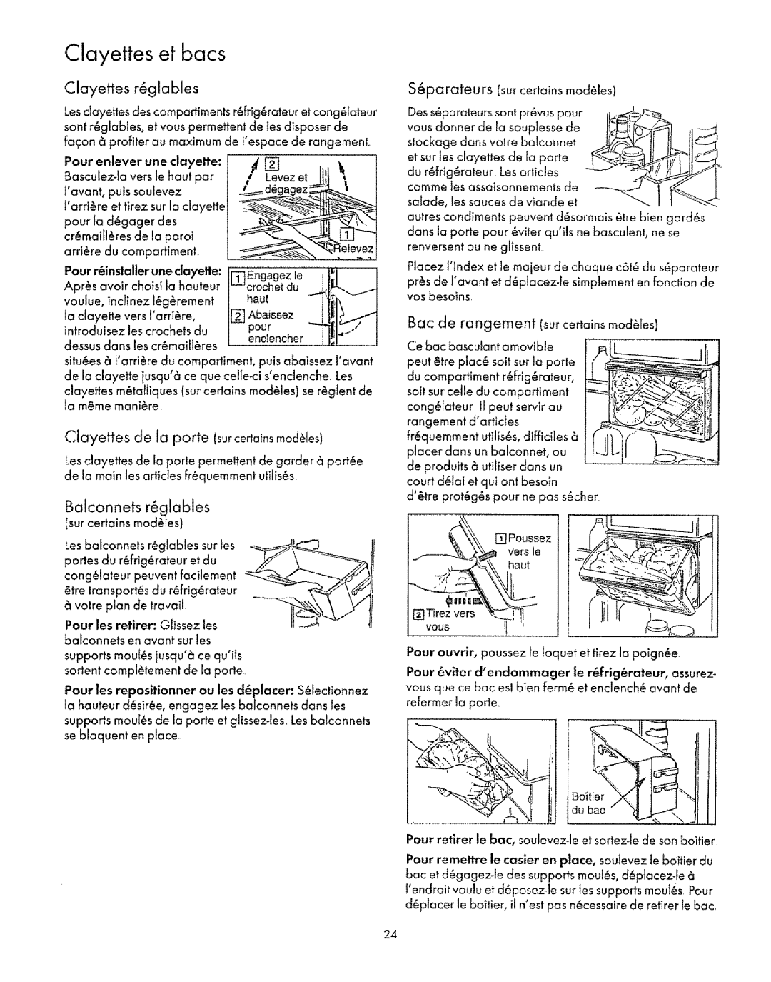 Sears Refrigerator manual Clayettes et bacs, Vous, Clayettes r glables, Clayettes de la porte lsurcedainsmodules 