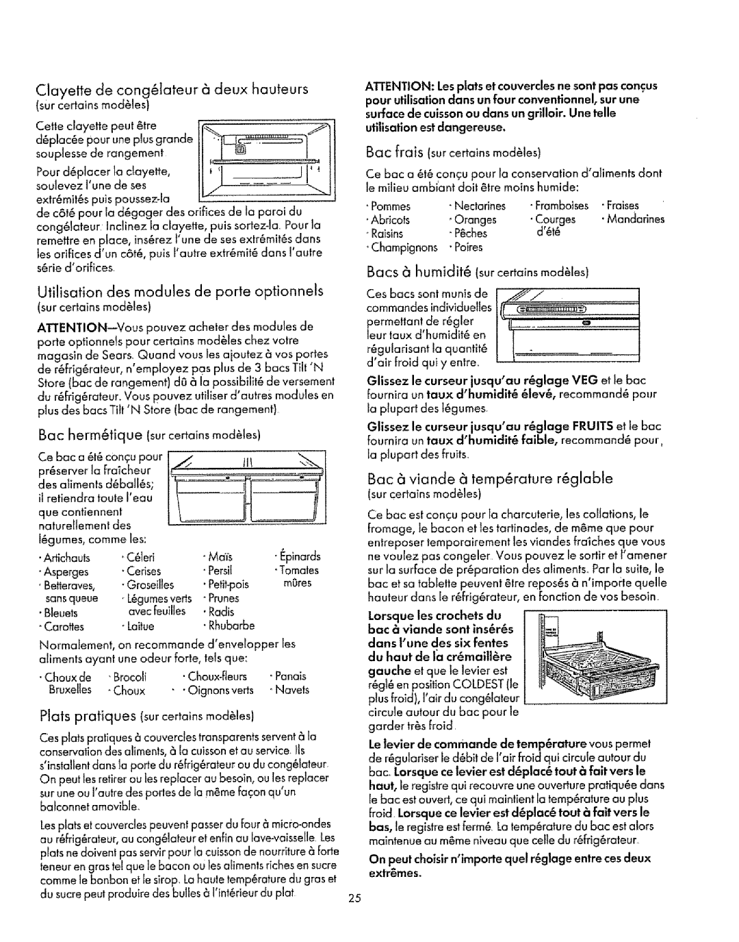 Sears Refrigerator manual Clayette de conglateur 6 deux hauteurs, Utilisation des modules de porte optionnels 