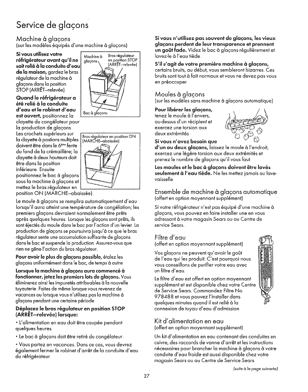 Sears Refrigerator manual Machine 6 glacons, Mouies cglacons, Ensemble de machine glacons automatique, Filtre deau 