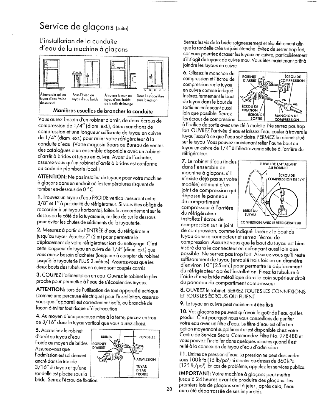 Sears Refrigerator manual Service de glacons Csu,el, Linstallation de la conduite Deau de la machine 6 glacons 