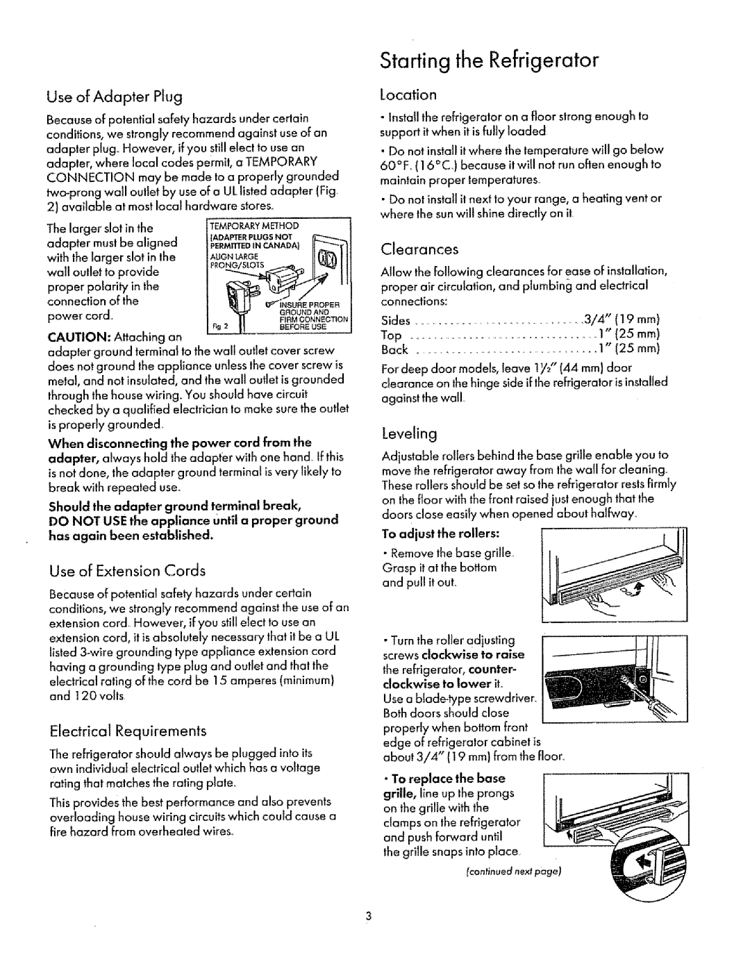 Sears manual Starting the Refrigerator, Use of Adapter Plug, Use of Extension Cords, Electrical Requirements, Leveling 