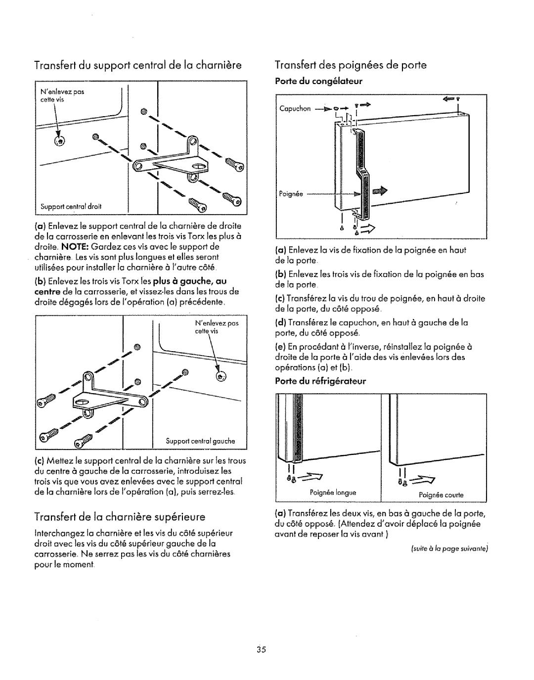 Sears Refrigerator manual Transfert du support central de la charnire, Transfert de la charnire sup6rieure 