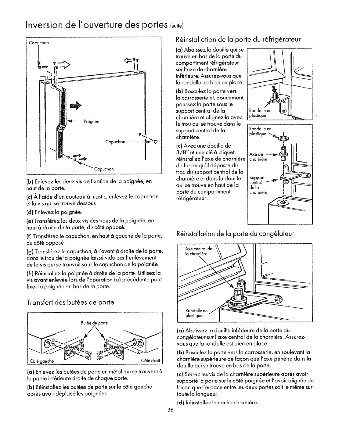 Sears Refrigerator manual Inversion de Iouverturedes portes € 0 tel, Transfert des buttes de porte 