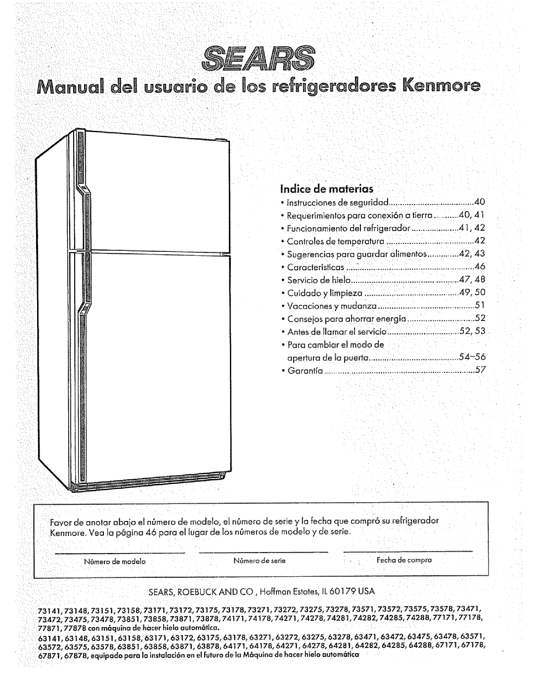 Sears Refrigerator manual Indice de materias, SEARS,ROEBUCK and CO. Hoffman Estates, IL 60179 USA 