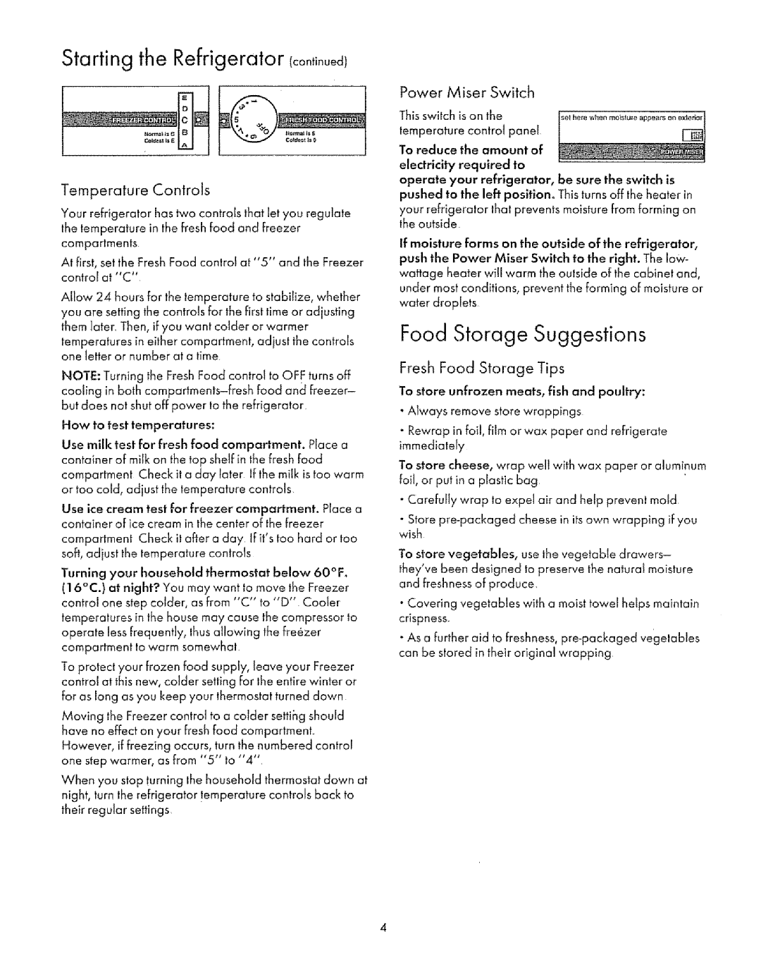 Sears manual Starting the Refrigerator, Food Storage Suggestions, Power Miser Switch, Fresh Food Storage Tips 