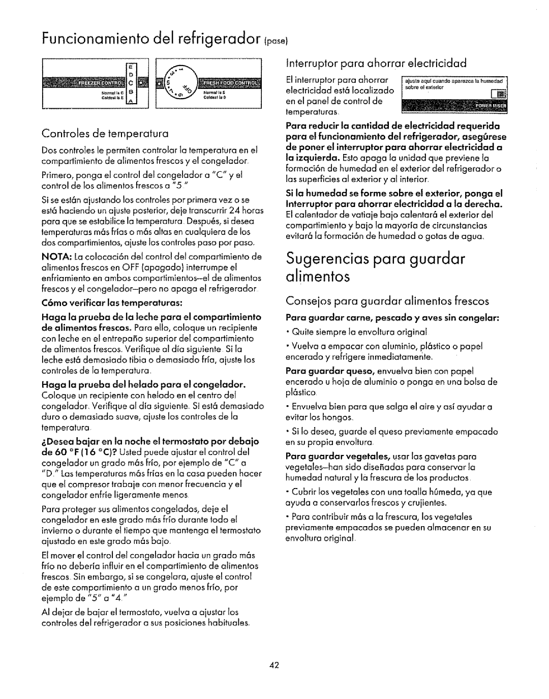 Sears Refrigerator Sugerencias para guardar alimentos, Funcionamiento del refrigerador Cpasel, Controles de temperatura 