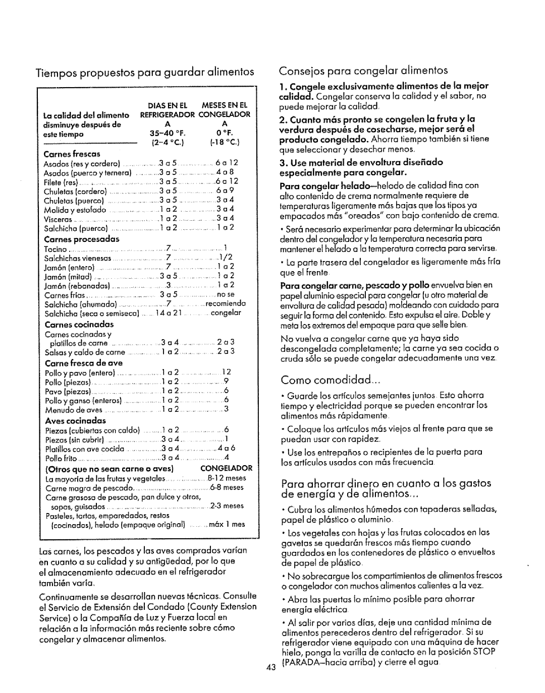 Sears Refrigerator manual Tiempos propuestos para guardar alimentos, Consejos para congelar alimentos, Coma comodidad 