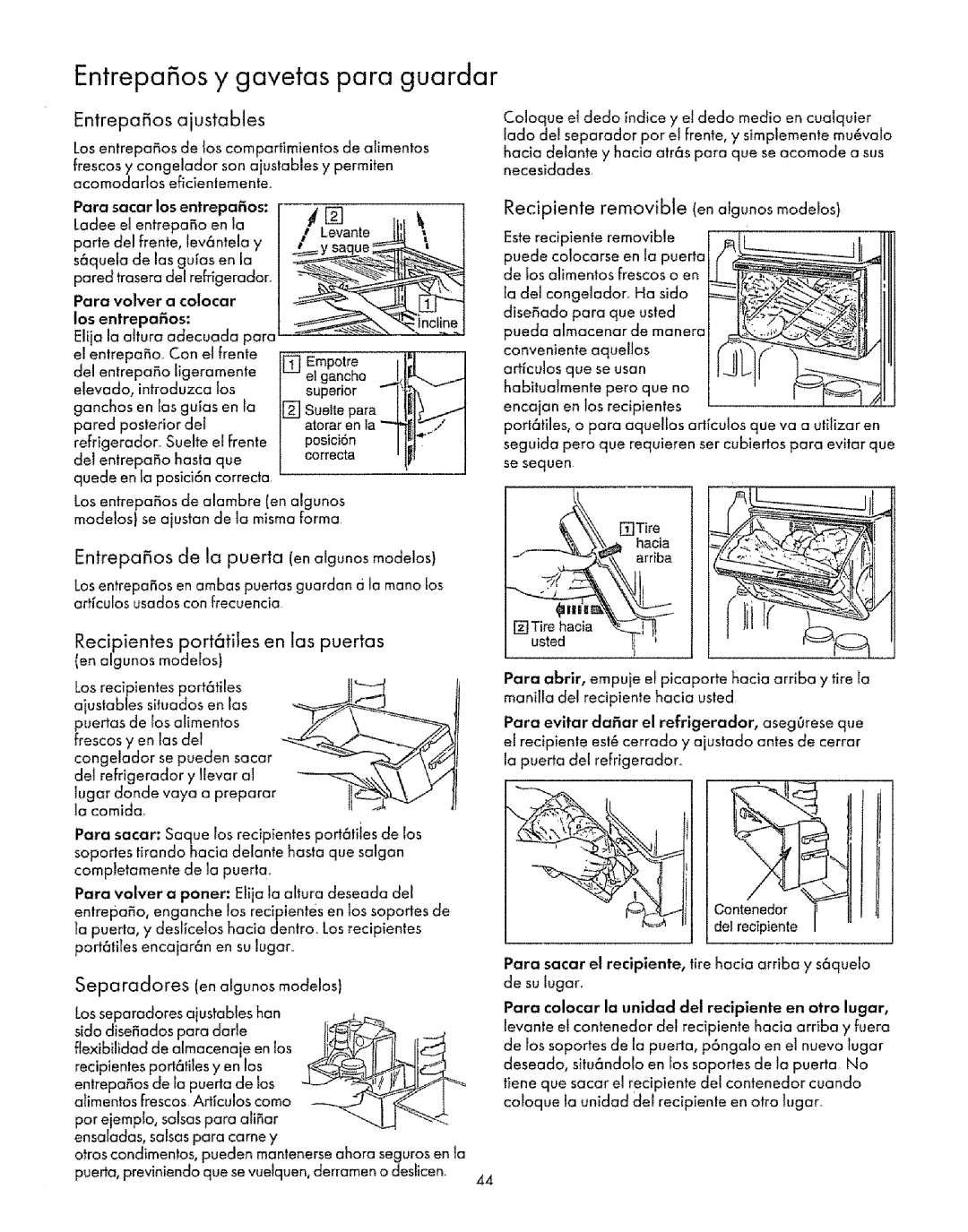 Sears Refrigerator manual Entrepa os y gavetas para guardar, Entrepaos ajustables, Entrepaos de la puerta enalgunos modelos 