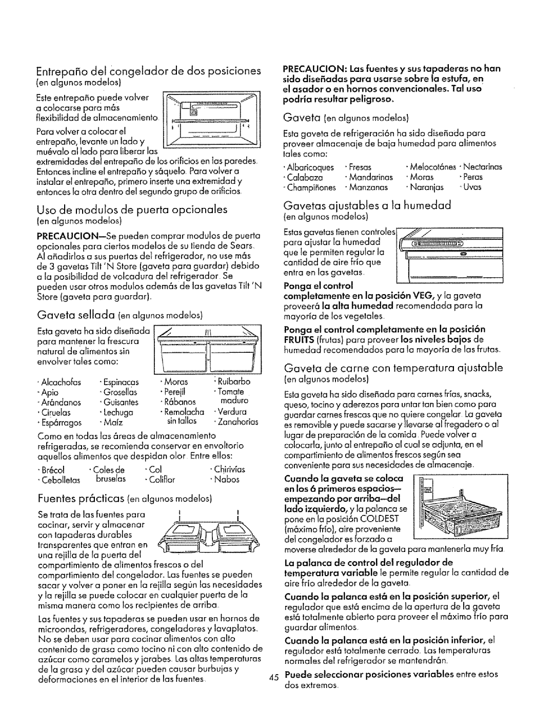 Sears Refrigerator manual Paro olveracolo o ol, Usa de modulos de puerta opcionales, Gaveta se!lada enalgunos modelos 