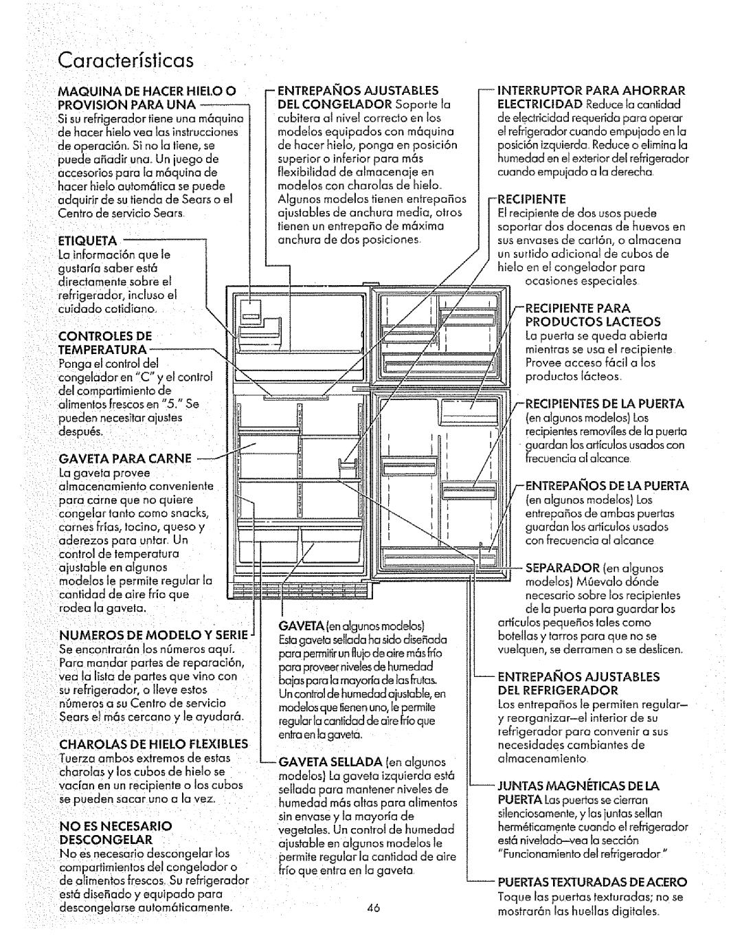 Sears Refrigerator manual Caracterisficas, Maquina DE Hacer HIEI.O O Provision Parauna 