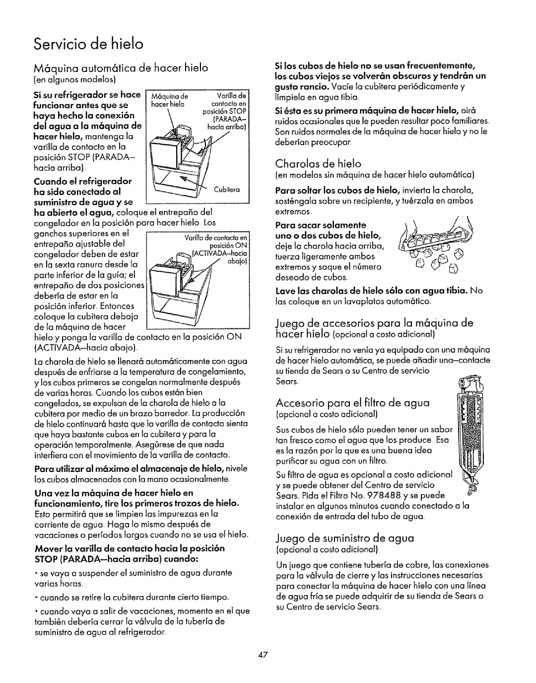 Sears Refrigerator Servicio de hielo, M6quina autom6tica de hacer hielo, Charolas de hielo, Juego de suministro de agua 