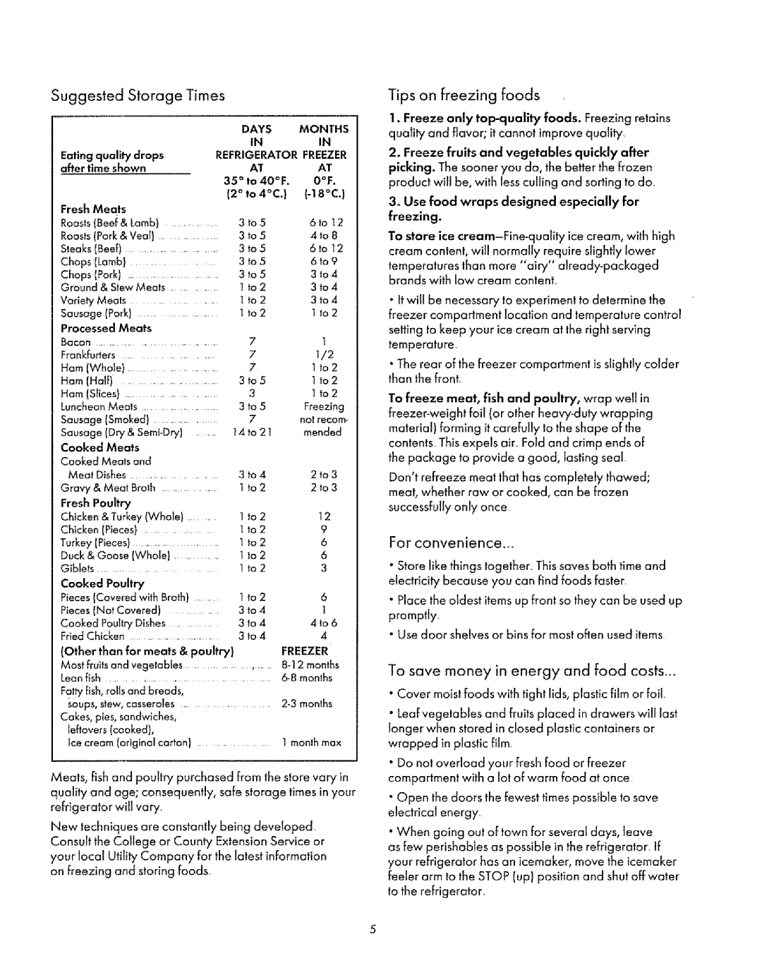 Sears Refrigerator manual Suggested Storage Times, Tips on freezing foods, For convenience 