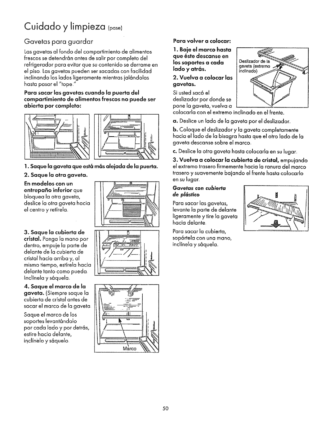 Sears Refrigerator manual Cuidado y limpieza posol, Gavetas para guardar, De pl6stJ¢o 