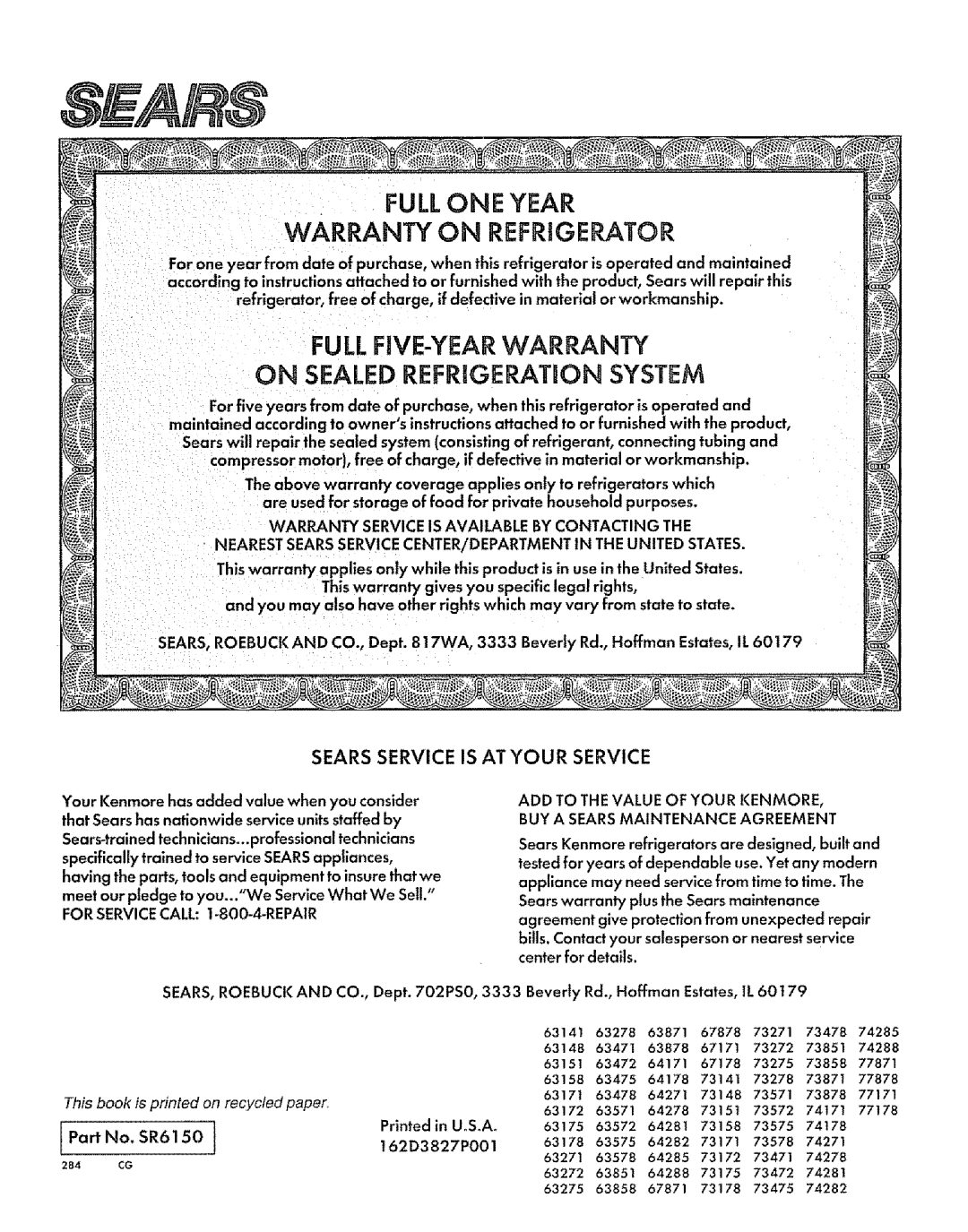 Sears Refrigerator manual Fullone Year, 162D3827PO01 