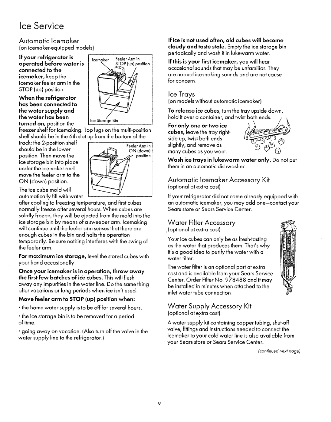 Sears Refrigerator Ice Service, Automatic Icemaker, Ice Trays, Automatic lcemaker Accessory Kit, Water Filter Accessory 