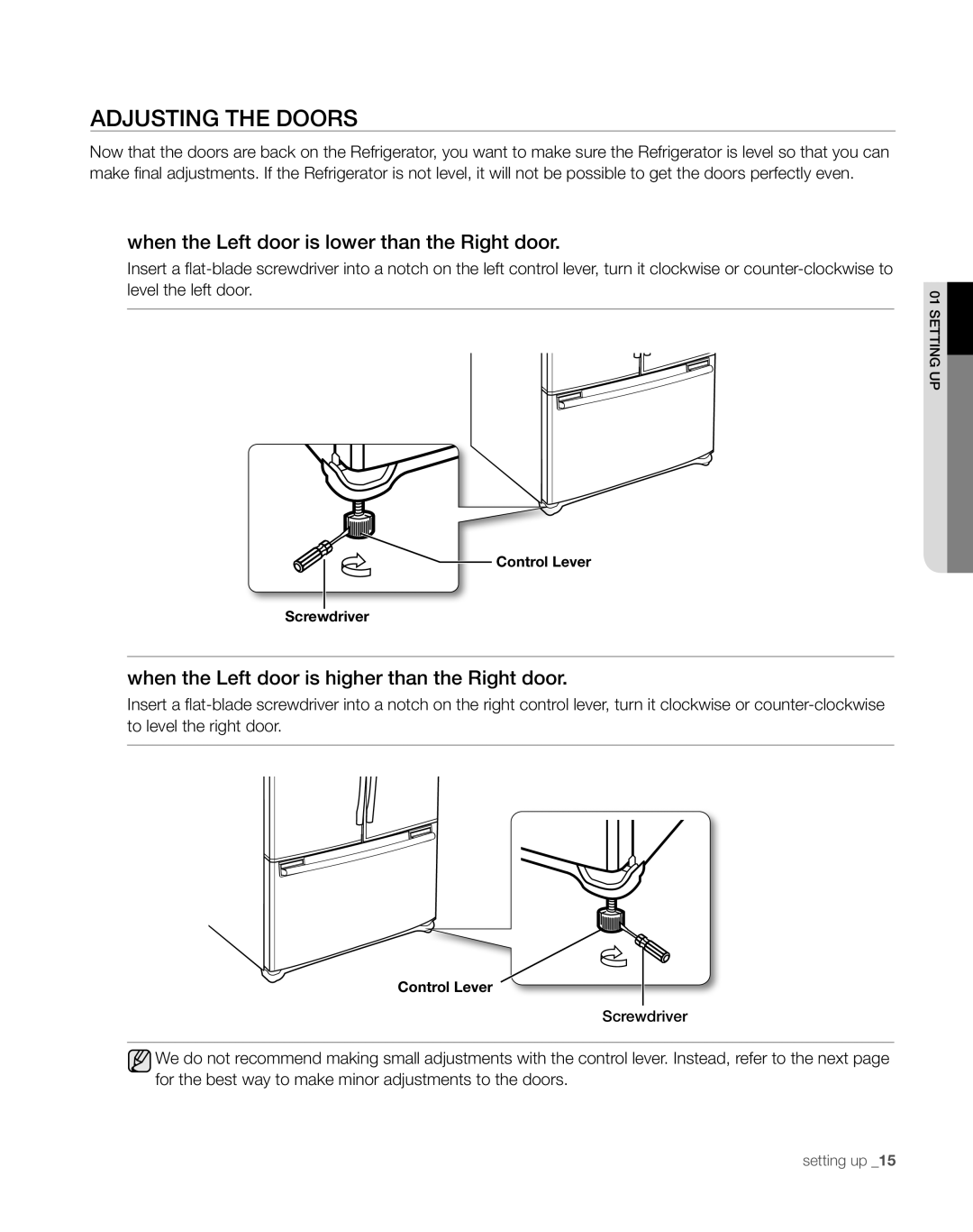 Sears RFG297AA manual ADJustinG tHE DooRs, When the Left door is lower than the Right door 