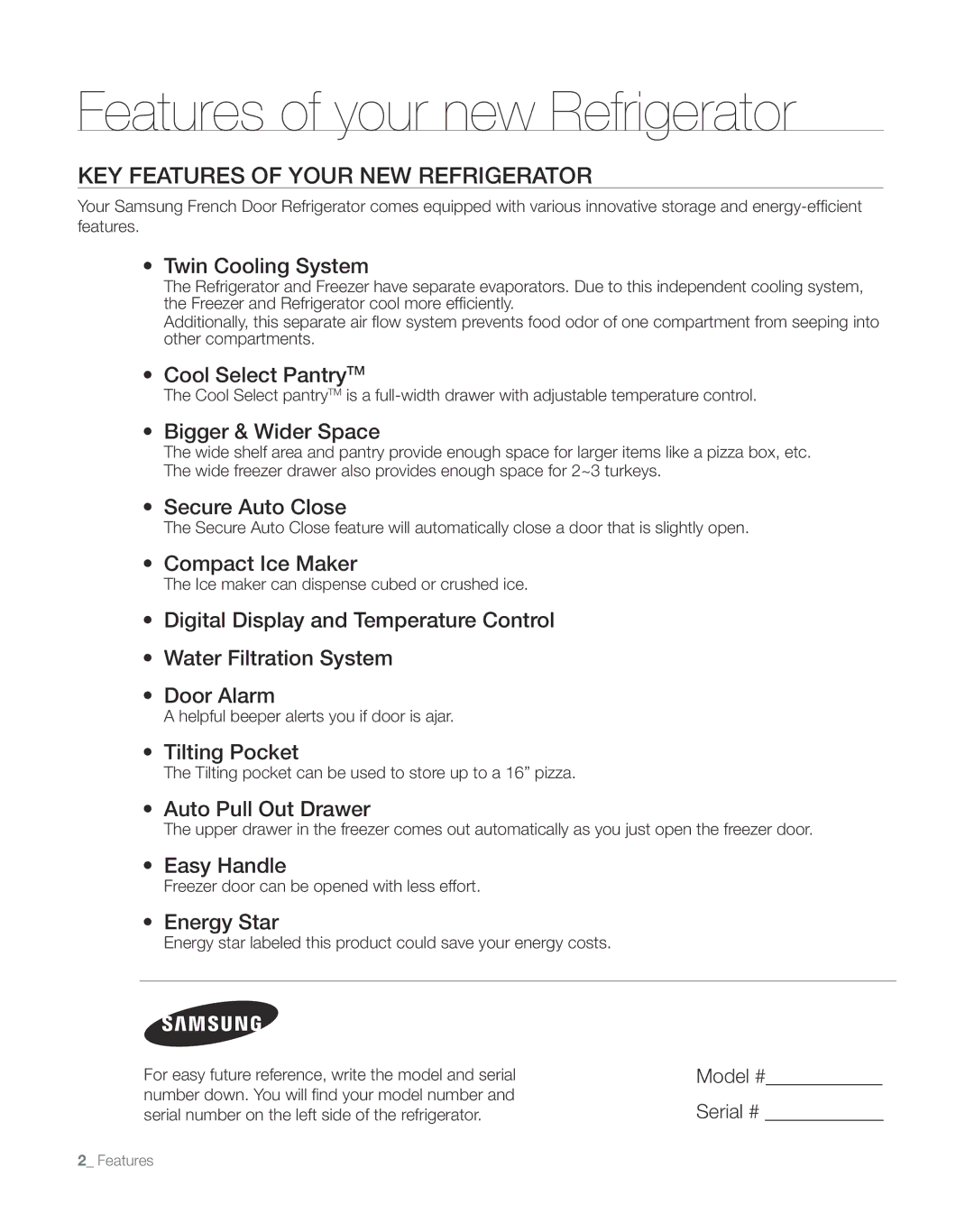 Sears RFG297AA manual Key features of your new refrigerator, Model #, Serial # 