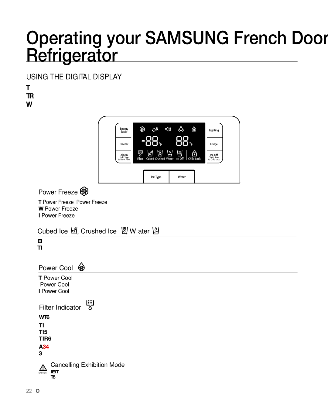 Sears RFG297AA Using the Digital Display, Power Freeze, Cubed Ice , Crushed Ice , Water, Power Cool, Filter Indicator 