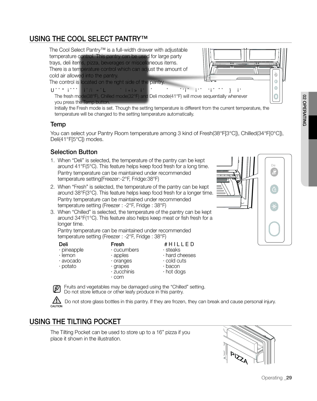 Sears RFG297AA manual Using the Cool Select Pantry, UsinG tHE tiLtinG PoCKEt, Temp, Selection Button 