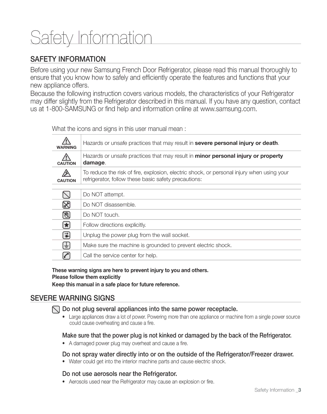 Sears RFG297AA manual Safety Information, Severe Warning Signs, Do not use aerosols near the Refrigerator 