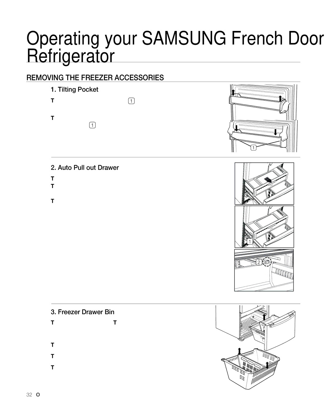 Sears RFG297AA manual Removing the Freezer Accessories, Tilting Pocket, Auto Pull out Drawer, Freezer Drawer Bin 