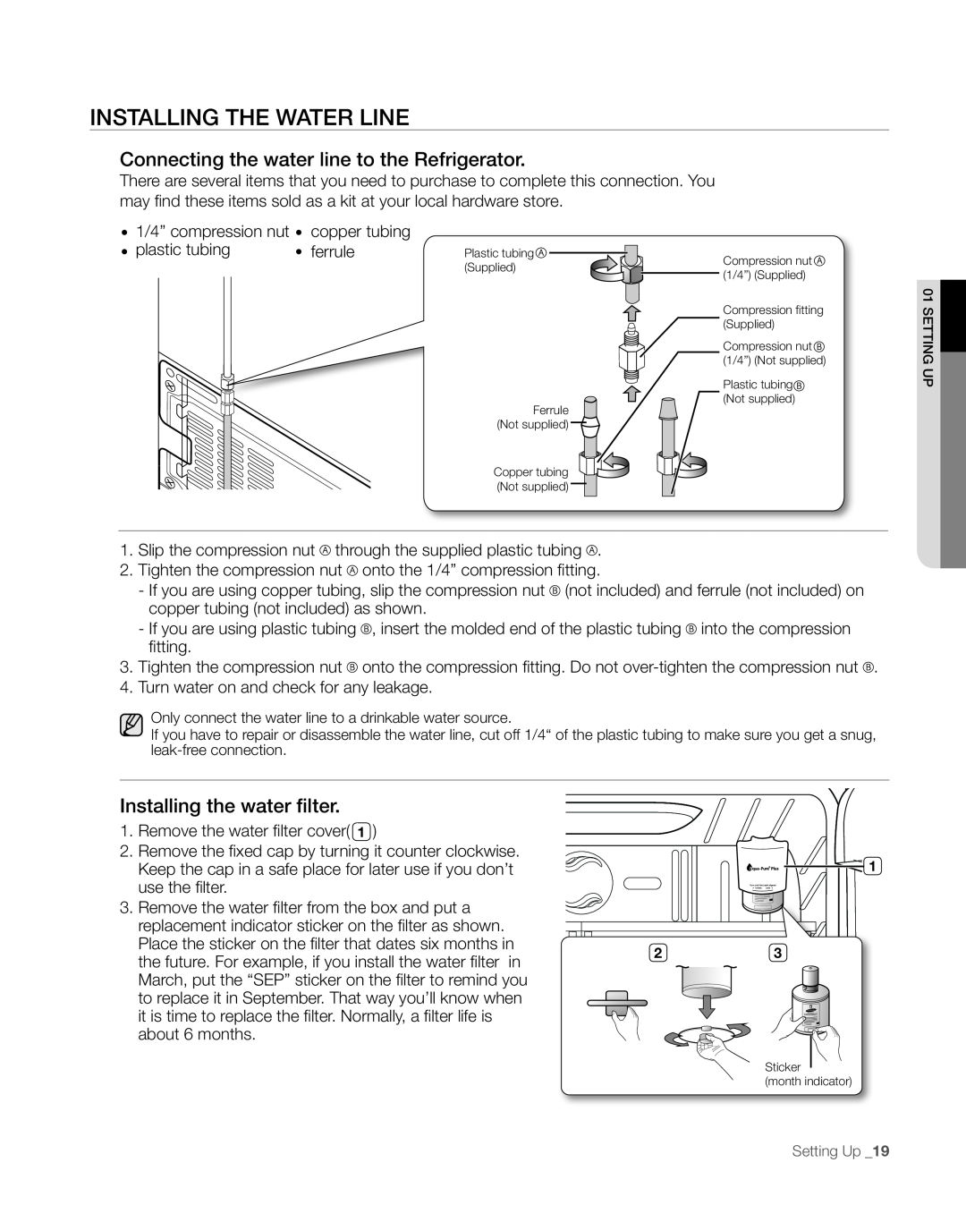 Sears RFG297AA manual Installing The Water Line, Connecting the water line to the Refrigerator, Installing the water filter 