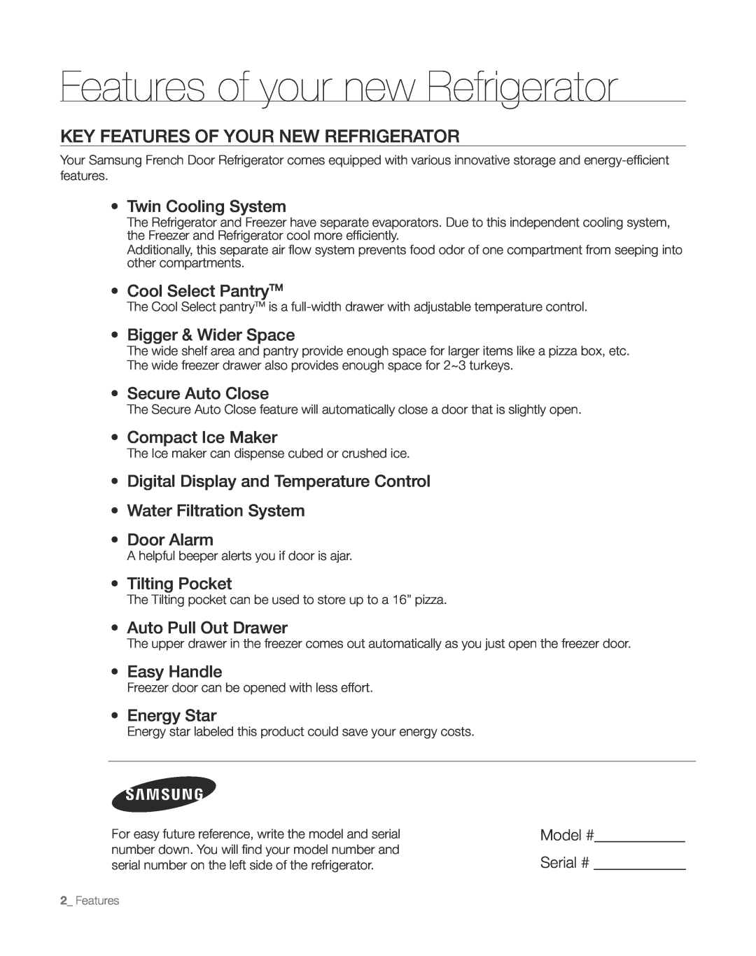 Sears RFG297AA manual Features of your new Refrigerator, Key features of your new refrigerator 