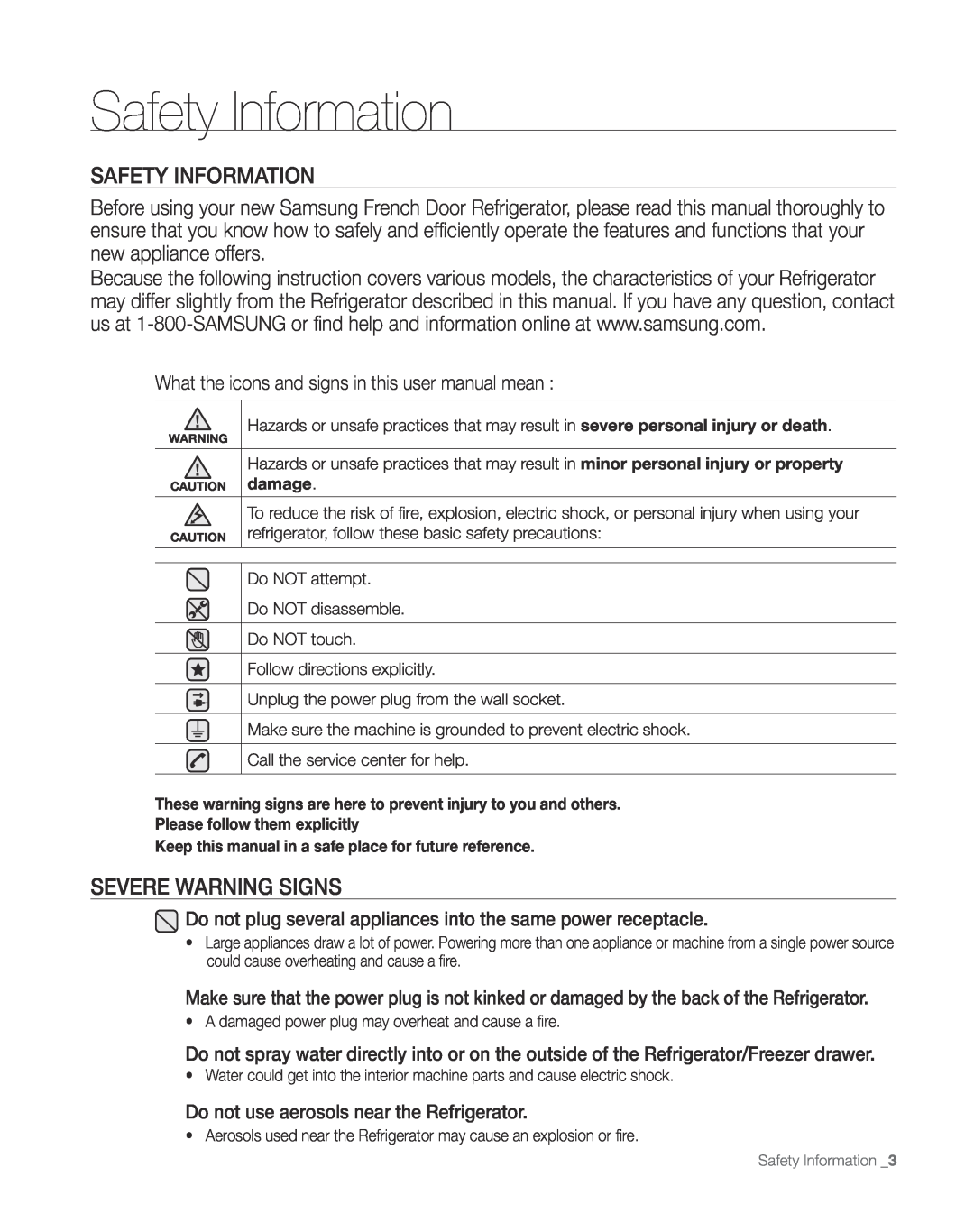 Sears RFG297AA Safety Information, Severe Warning Signs, Do not plug several appliances into the same power receptacle 