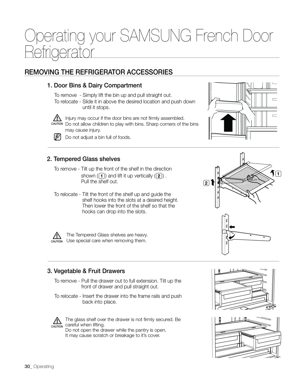 Sears RFG297AA manual Removing The Refrigerator Accessories, Door Bins & Dairy Compartment, Tempered Glass shelves 